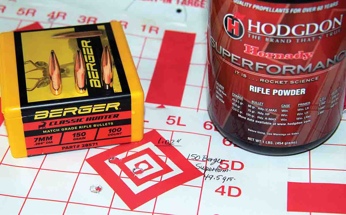 Berger’s 150-grain Classic Hunter did its best work when paired with 49.5 grains of Hodgdon Superformance. The 1.02-inch group was delivered at a 2,801 fps.